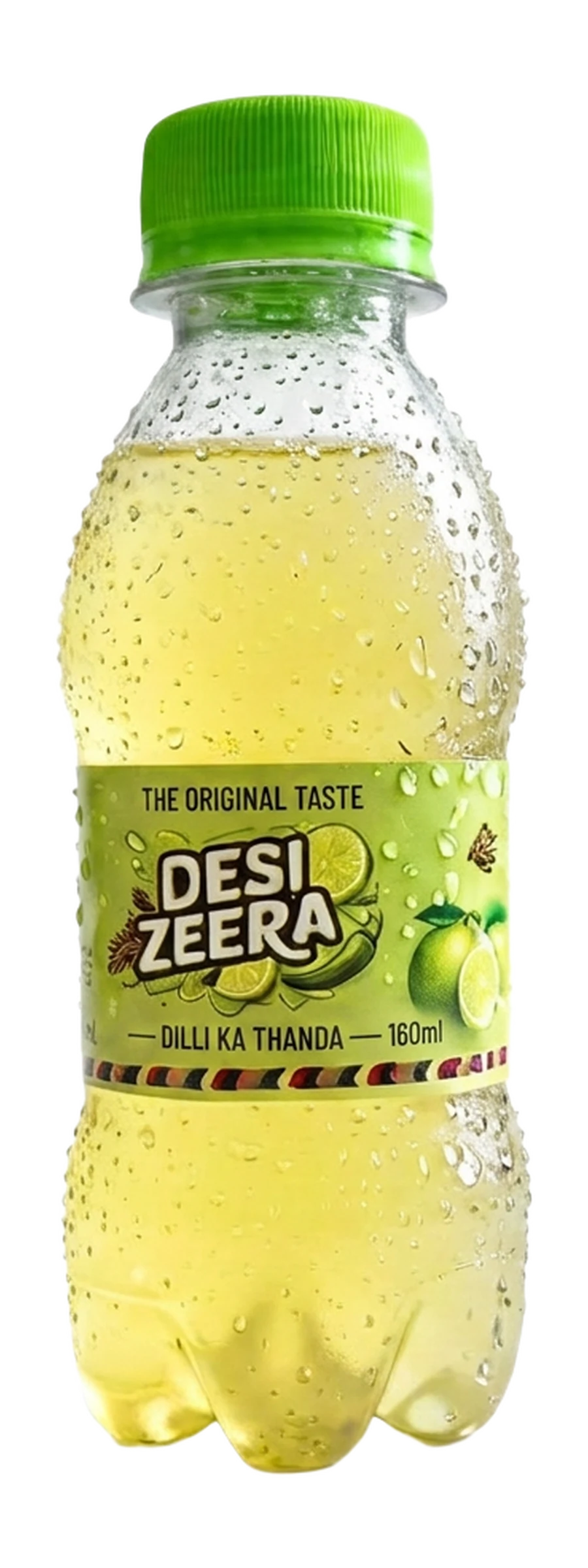Desi Zeera 160ml sparkling jeera bottle with condensation drops